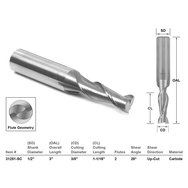 Up Cut Solid Carbide CNC Router Bit 3/8