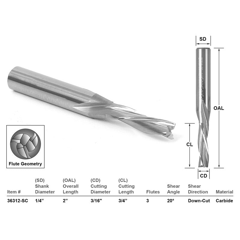Low Helix Down Cut CNC Router Bit 3 Flute 3/16