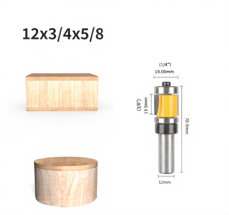 Flush Trim Router Bit with Top & Bottom Bearing, 3/4 Inch Cutting Diameter, 12mm Shank
