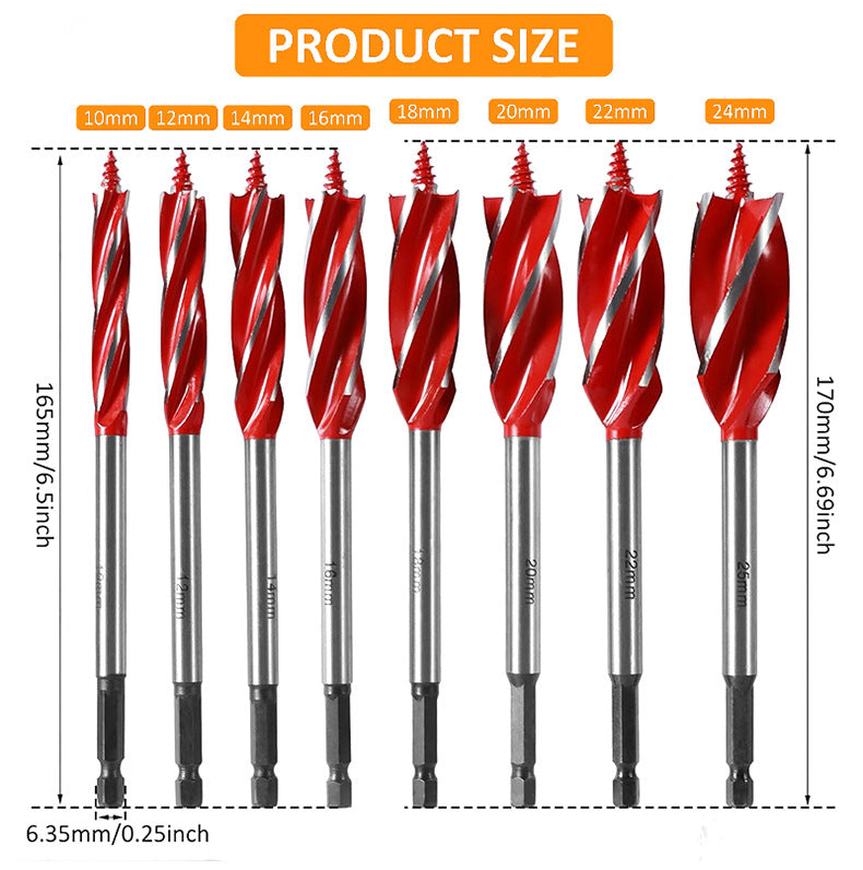 8PCS Wood Auger Drill Bit Set High Carbon Steel 1/4