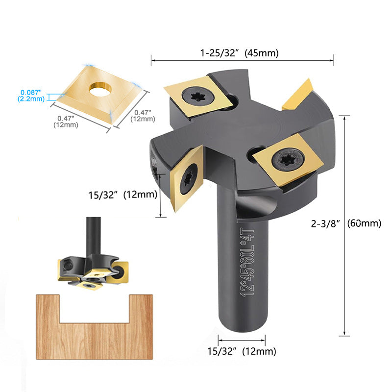 12mm Shank Anti Vibration 2+2 Carbide Insert Wood Router Bit with Removable Blade for Efficient Surfacing Slotting and Leveling
