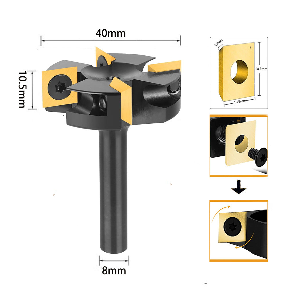 4-Wing Indexable Planer Bit with 8 Replaceable Carbide Inserts for CNC and Handheld Wood Surfacing
