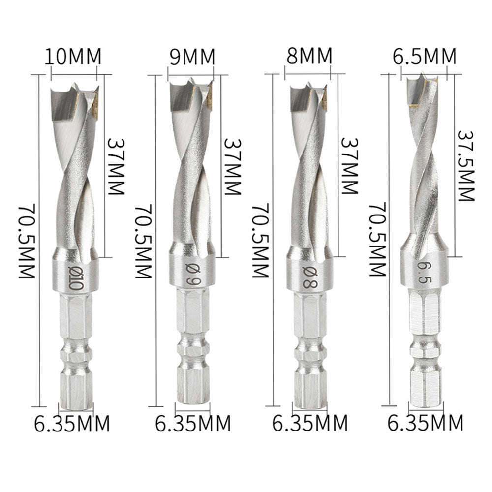 4PCS Hexagonal Handle Drill Bit Set 6.5/8/9/10mm Three-Point Carbide Blade Woodworking Drill for Wood Plastic Metal