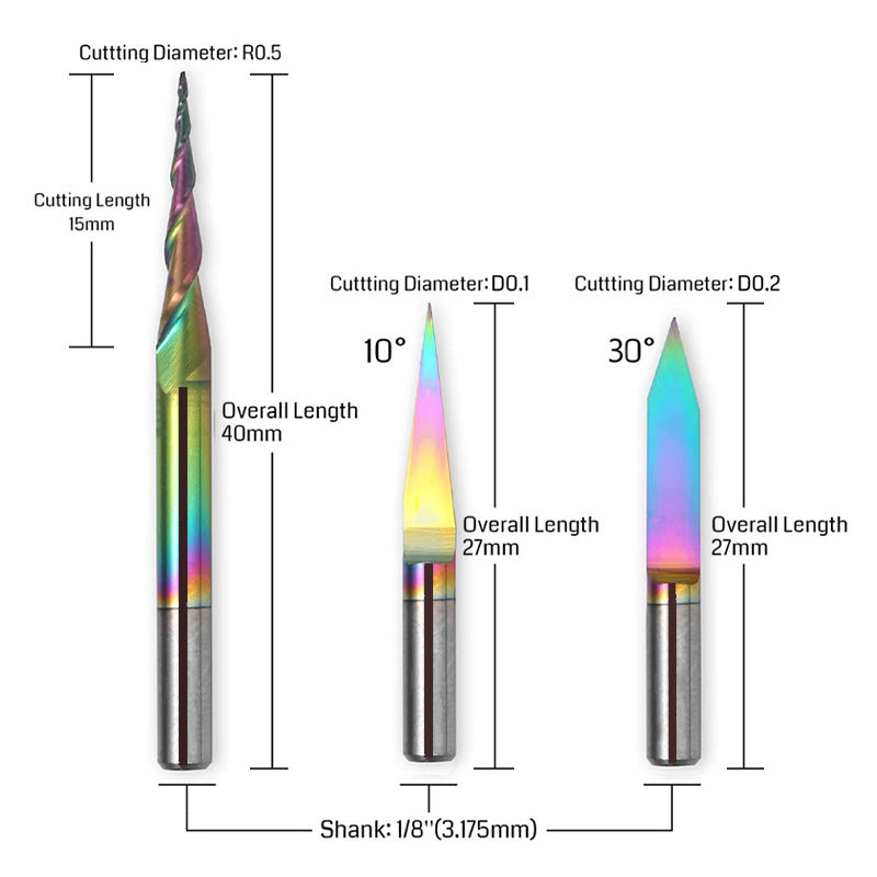 3PCS V-Shape Tapered Ball Nose End Mills for CNC Engraving, 1/8