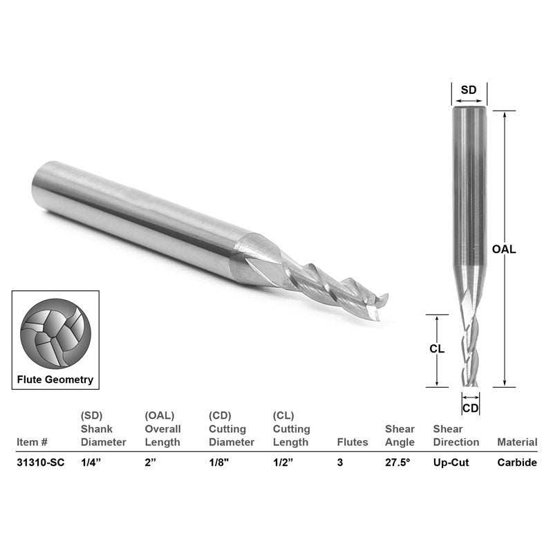 Up Cut Solid Carbide 1/8
