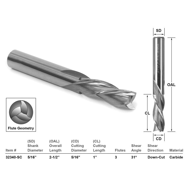 Down Cut CNC Router Bit 3 Flute 5/16
