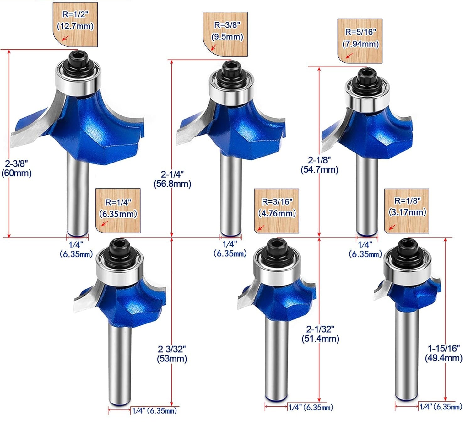 6Pcs Roundover Router Bits 1/4