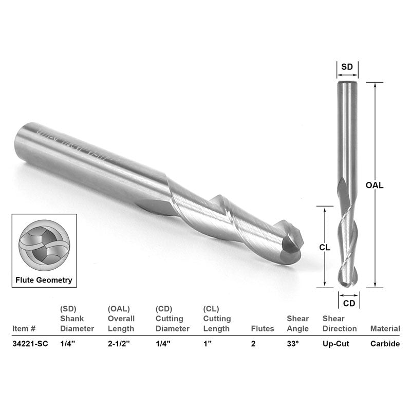 Ball Nose Solid Carbide CNC Router Bit 1/4