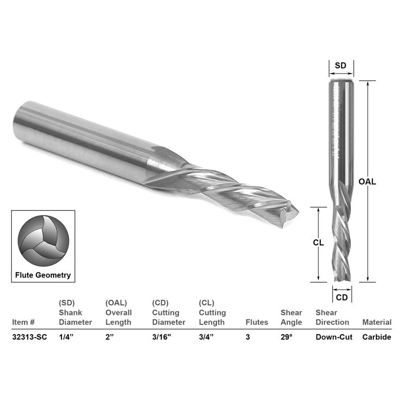 Down Cut CNC Router Bit 3 Flute 3/16