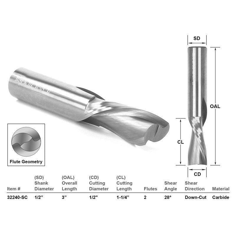 Down Cut Solid Carbide CNC Router Bit 1/2