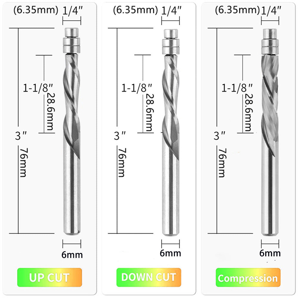 3 Pcs 6mm Tungsten Carbide Spiral Flush Trim Router Bit Set for End Mill Cutter with Bearing for Profiling Up/Down Spinning Compound