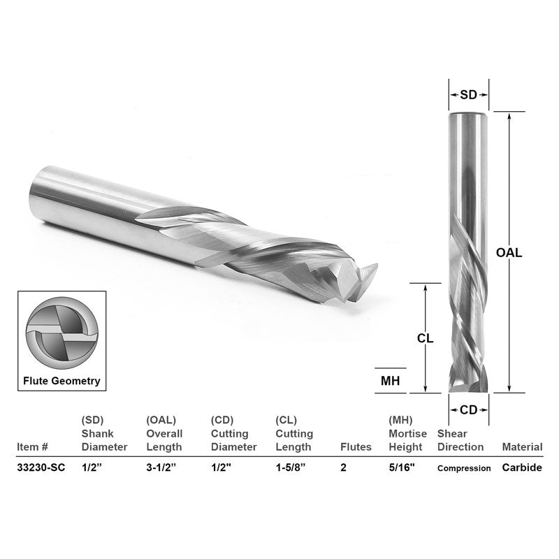 2 Flute Compression CNC Router Bit Cut 1/2