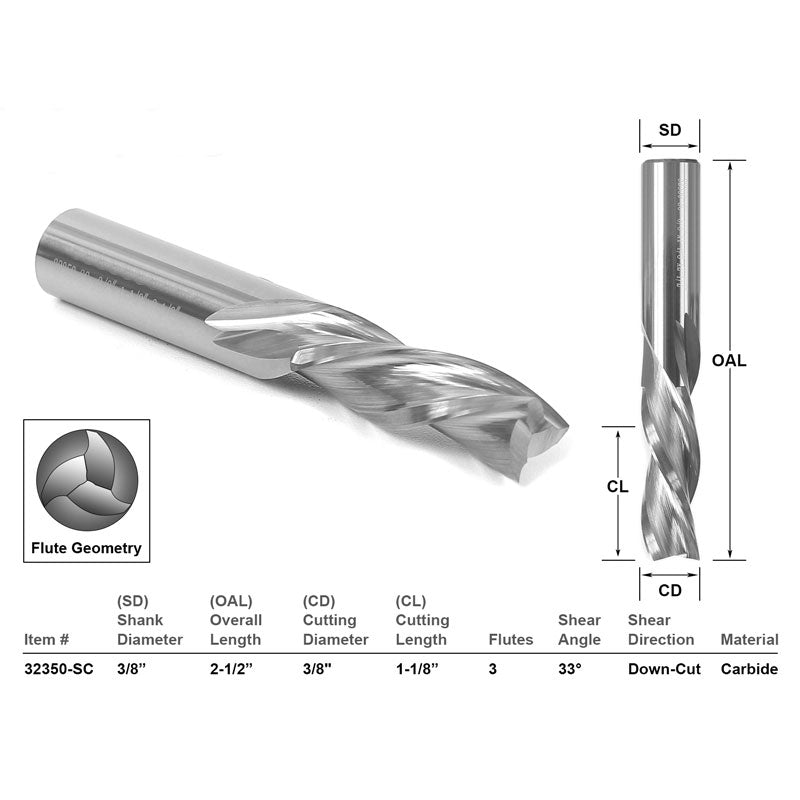 Down Cut CNC Router Bit 3 Flute 3/8