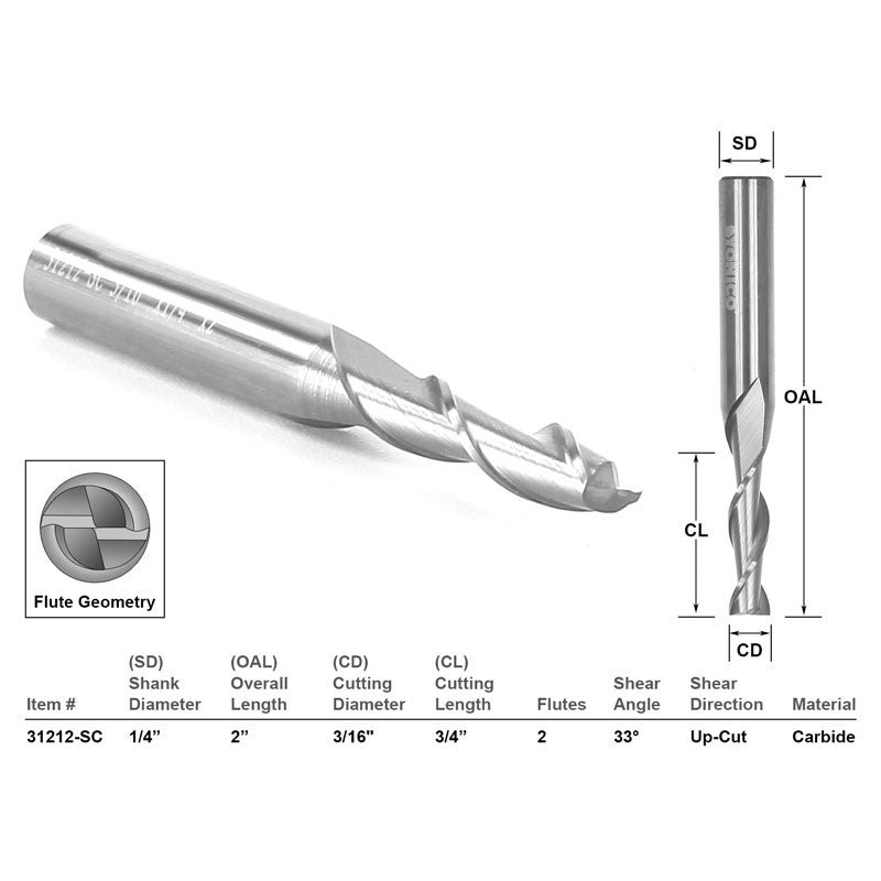 Up Cut Solid Carbide CNC Router Bit 3/16