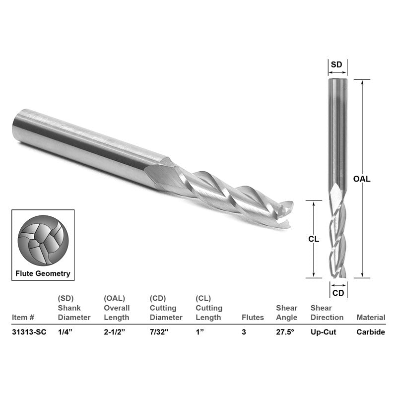 Up Cut Solid Carbide 7/32