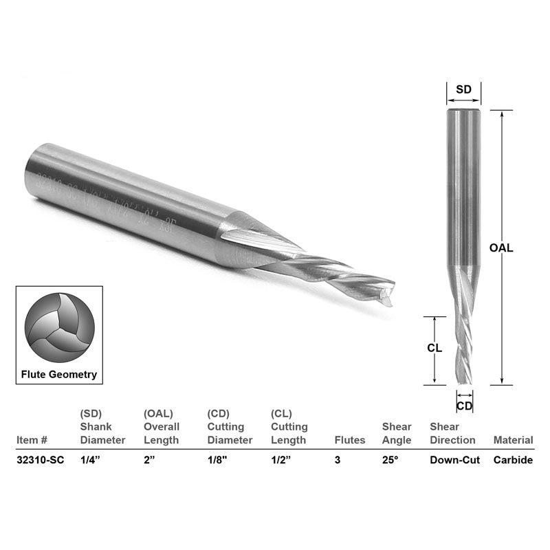 Down Cut Solid Carbide 1/8