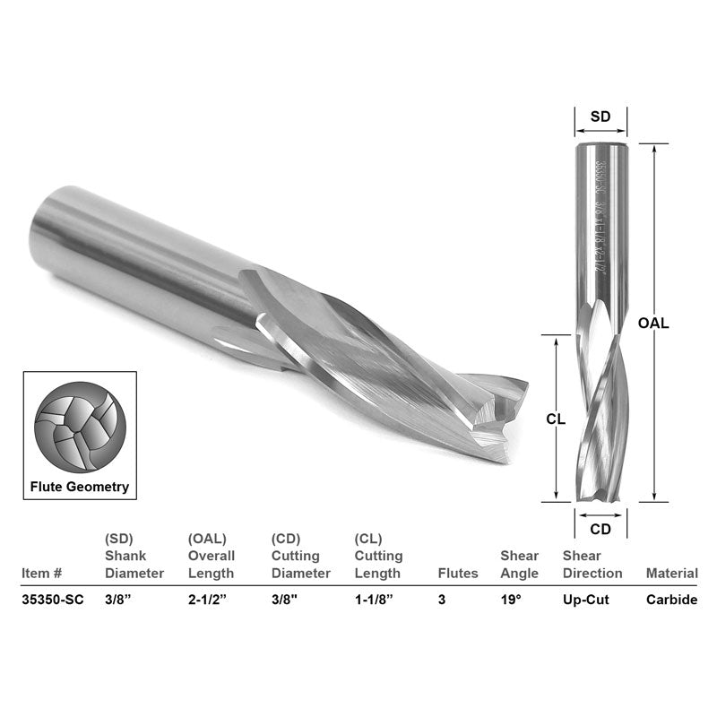 Low Helix Up Cut CNC Router Bit 3 Flute 3/8