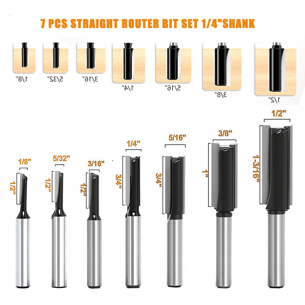7pcs Straight Router Bit Set Black Grooving Milling Cutter 1/4