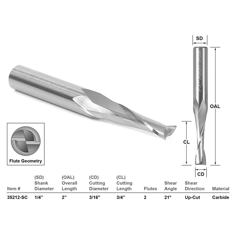 Low Helix Up Cut 2 Flute 3/16
