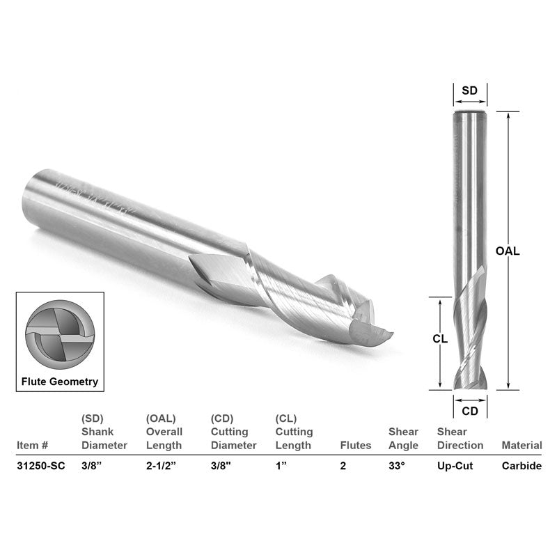 Up Cut Solid Carbide CNC Router Bit 3/8