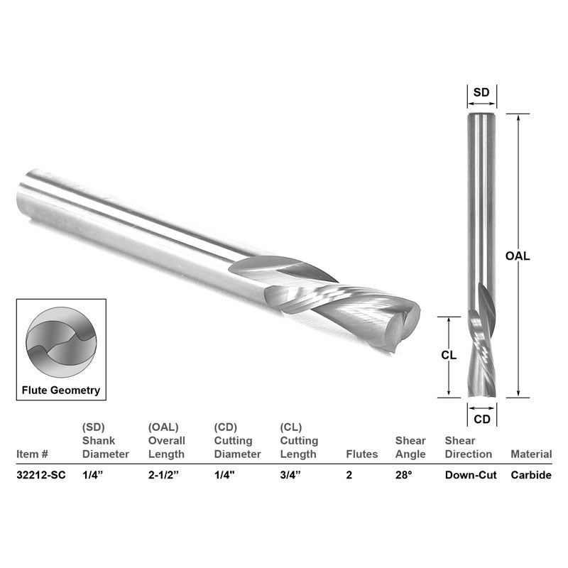 Down Cut Solid Carbide 1/4