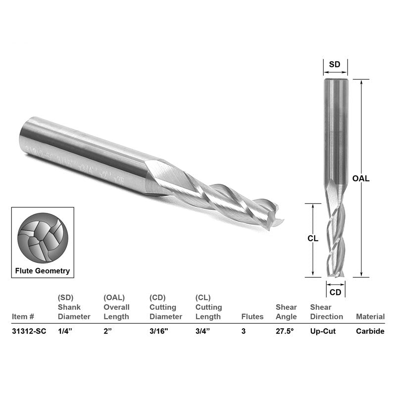 Up Cut Solid Carbide 3/16