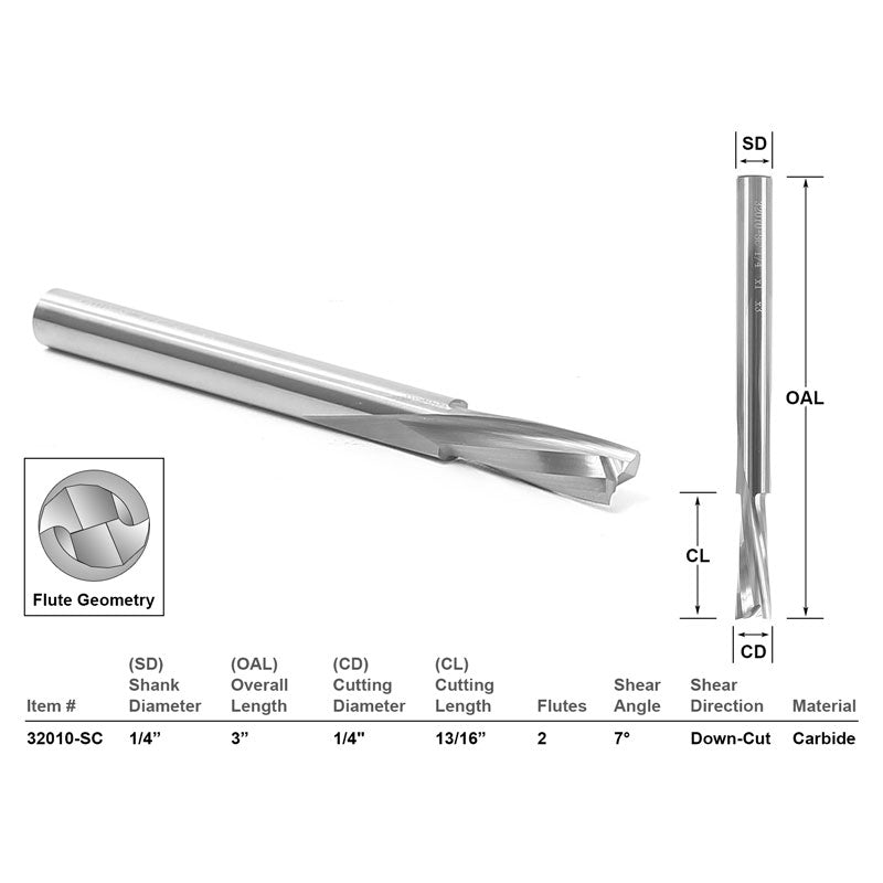 Low Helix Down Cut Long Reach CNC Router Bit 1/4