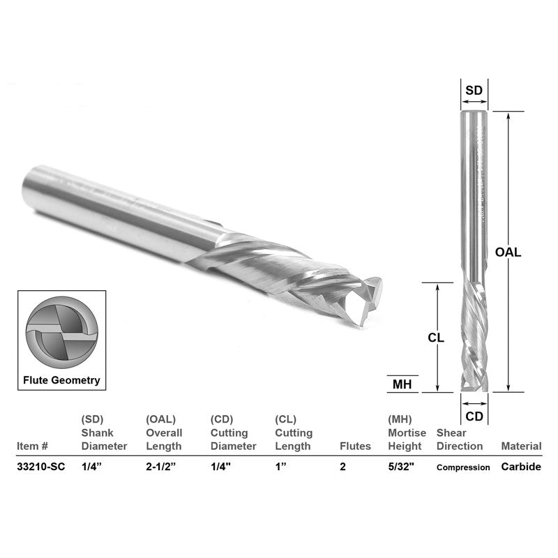 2 Flute Compression Cut CNC Router Bit 1/4
