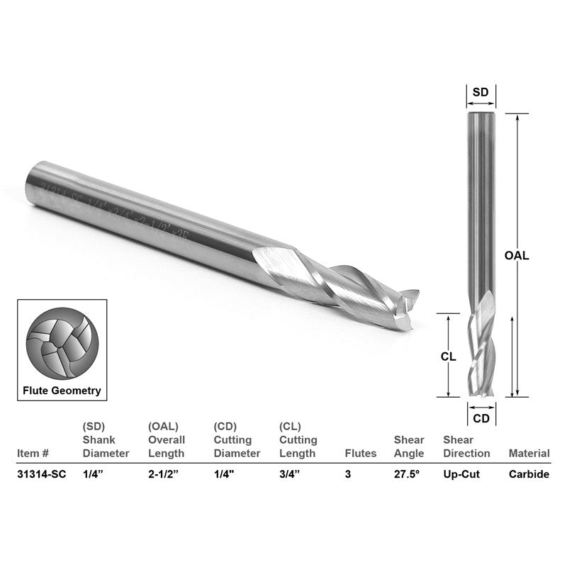 Up Cut Solid Carbide 1/4